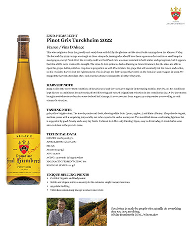 Pinot Gris Turckheim 2022 Fact Sheet