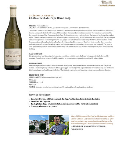 Châteauneuf-du-Pape Blanc 2019 Fact Sheet