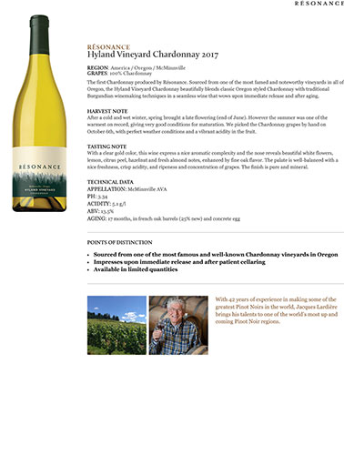 Hyland Vineyard Chardonnay 2017 Fact Sheet