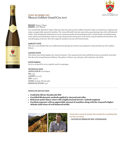 Muscat Goldert Grand Cru 2017 Fact Sheet