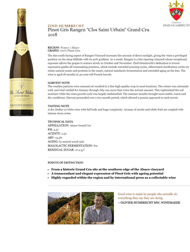 Pinot Gris Rangen “Clos Saint Urbain” Grand Cru 2018 Fact Sheet