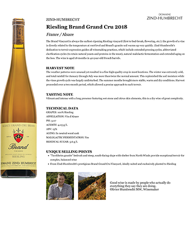 Riesling Brand Grand Cru 2018 Fact Sheet