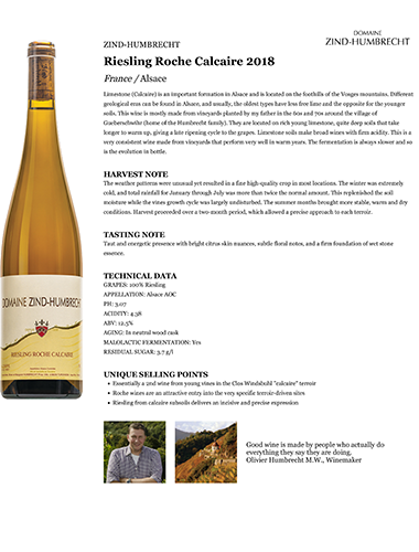 Riesling Roche Calcaire 2018 Fact Sheet