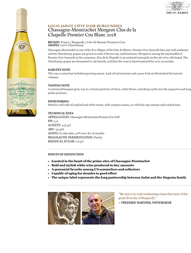 Chassagne-Montrachet Morgeot Clos de la Chapelle Premier Cru Blanc 2018 Fact Sheet