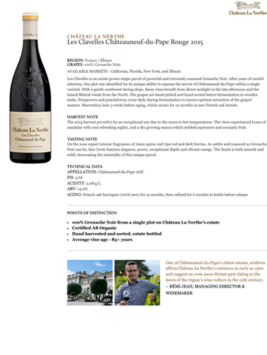 Les Clavelles Châteauneuf-du-Pape Rouge 2015 Fact Sheet