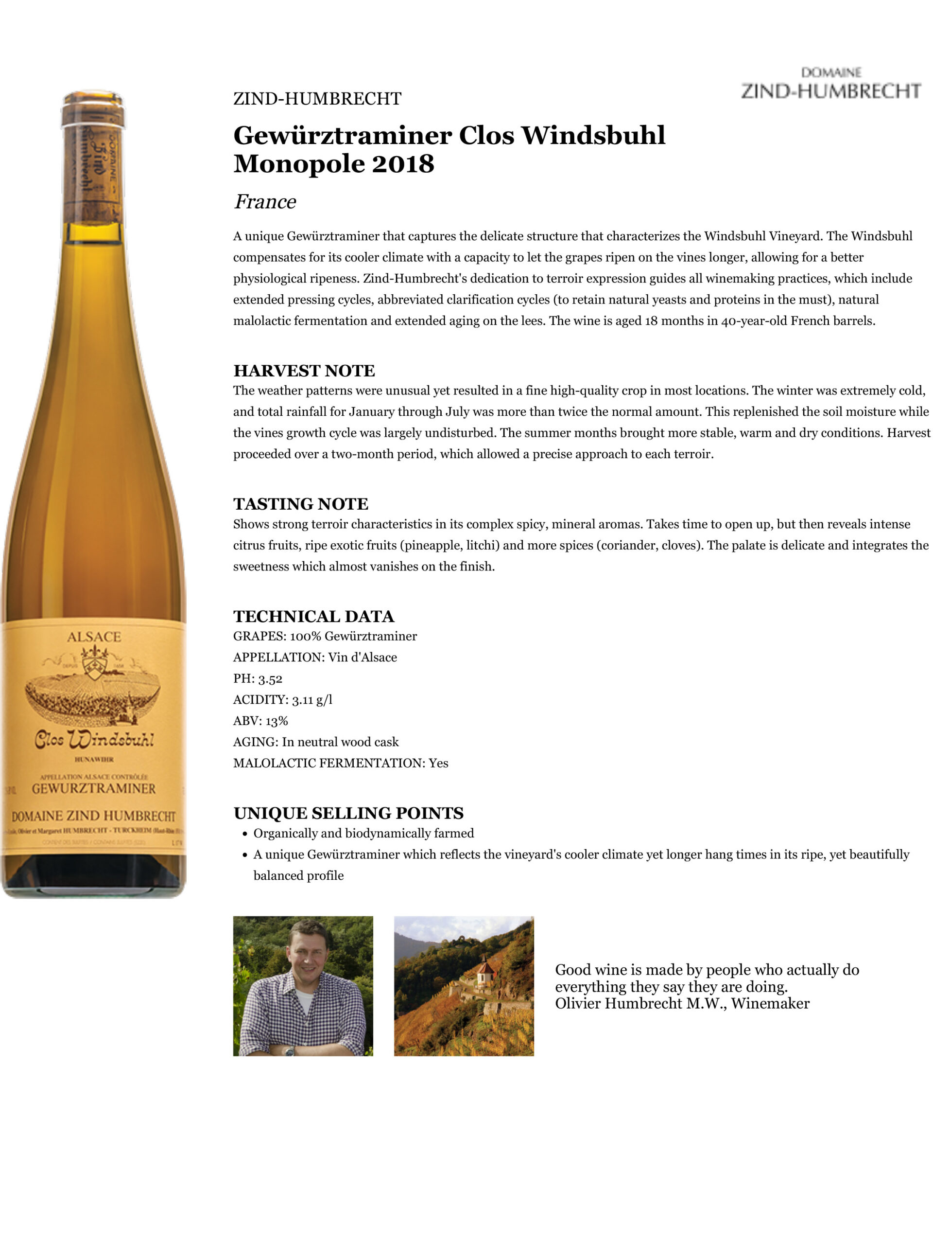 Gewürztraminer Clos Windsbuhl Monopole 2018 Fact Sheet