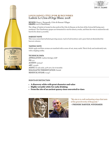 Ladoix Le Clou d’Orge Blanc 2018 Fact Sheet