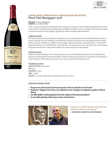 Pinot Noir Bourgogne 2018 Fact Sheet