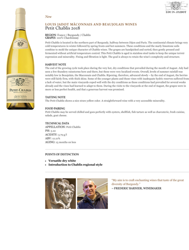 Petit Chablis 2018 Fact Sheet