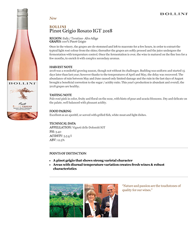 Pinot Grigio Rosato IGT 2018 Fact Sheet