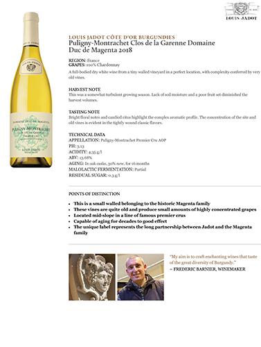 Puligny-Montrachet Clos de la Garenne Domaine Duc de Magenta 2018 Fact Sheet