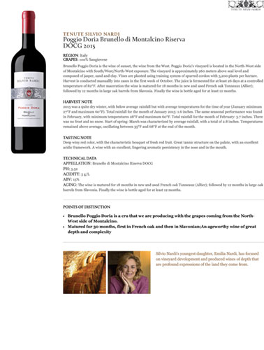 Poggio Doria Brunello di Montalcino Riserva DOCG 2015 Fact Sheet