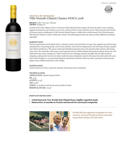 Villa Nozzole Chianti Classico DOCG 2018 Fact Sheet