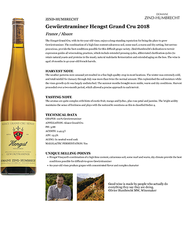 Gewürztraminer Hengst Grand Cru 2018 Fact Sheet