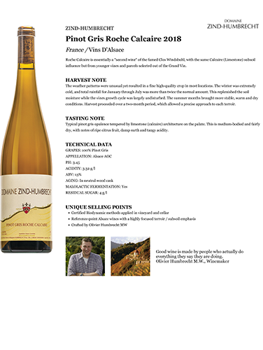 Pinot Gris Roche Calcaire 2018 Fact Sheet