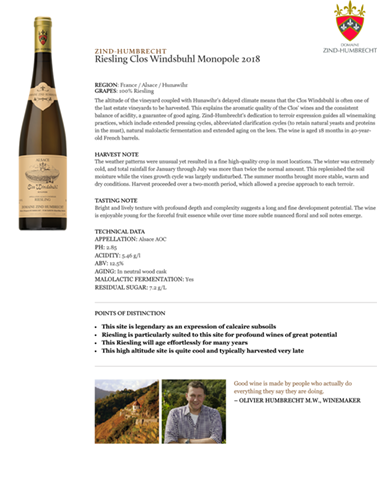 Riesling Clos Windsbuhl Monopole 2018 Fact Sheet