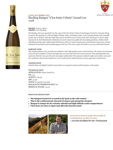 Riesling Rangen “Clos Saint Urbain” Grand Cru 2018 Fact Sheet