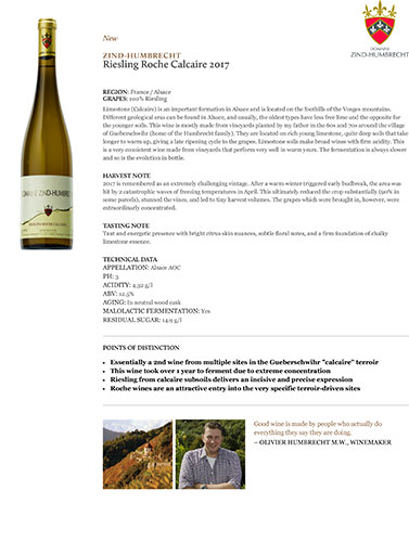 Riesling Roche Calcaire 2017 Fact Sheet