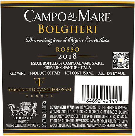 Campo al Mare Bolgheri DOC 2018 Back Label