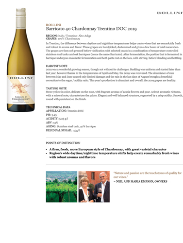 Barricato 40 Chardonnay Trentino DOC 2019 Fact Sheet