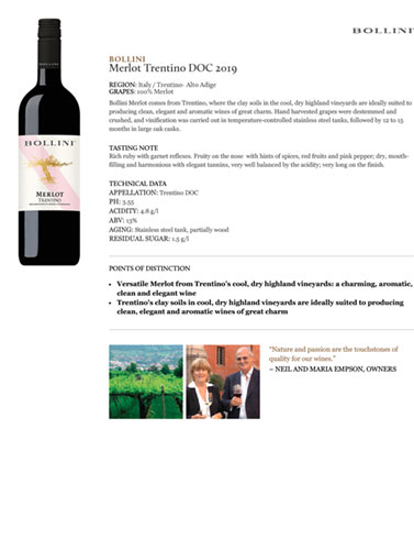 Merlot Trentino DOC 2019 Fact Sheet