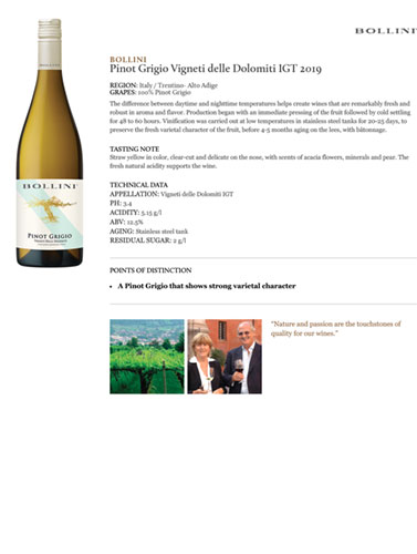 Pinot Grigio Vigneti delle Dolomiti IGT 2019 Fact Sheet