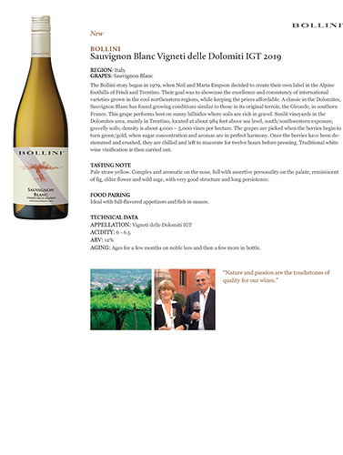 Sauvignon Blanc Vigneti delle Dolomiti IGT 2019 Fact Sheet