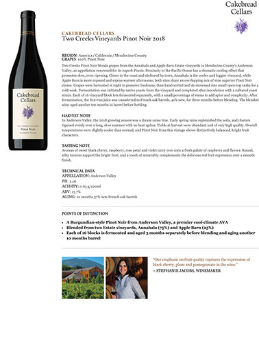 Two Creeks Vineyards Pinot Noir 2018 Fact Sheet