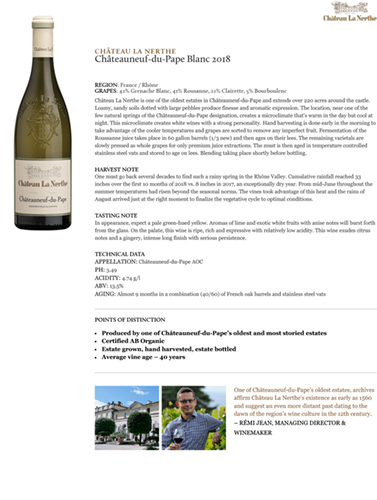 Châteauneuf-du-Pape Blanc 2018 Fact Sheet