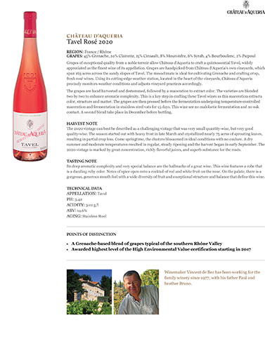 Tavel Rosé 2020 Fact Sheet