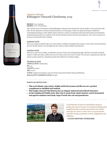 Kidnappers Vineyard Chardonnay 2019 Fact Sheet