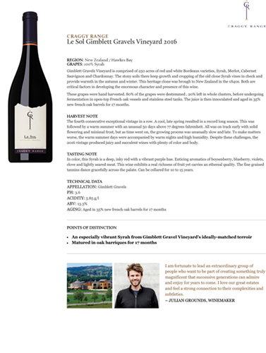 Le Sol Gimblett Gravels Vineyard 2016 Fact Sheet