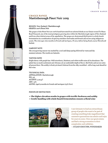 Martinborough Pinot Noir 2019 Fact Sheet