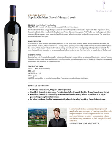 Sophia Gimblett Gravels Vineyard 2016 Fact Sheet