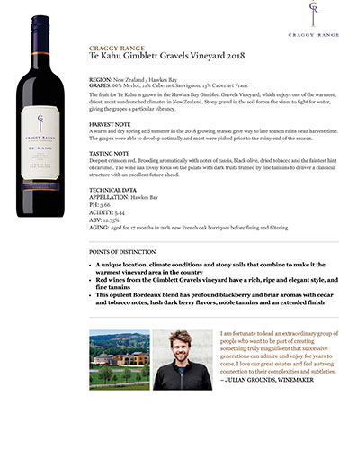 Te Kahu Gimblett Gravels Vineyard 2018 Fact Sheet