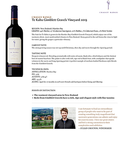 Te Kahu Gimblett Gravels Vineyard 2019 Fact Sheet