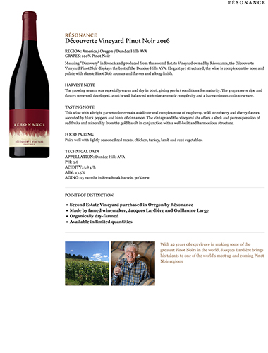 Découverte Vineyard Pinot Noir 2016 Fact Sheet