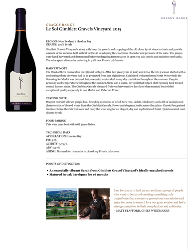 Le Sol Gimblett Gravels Vineyard 2015 Fact Sheet