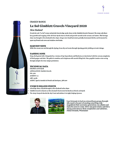 Le Sol Gimblett Gravels Vineyard 2020 Fact Sheet