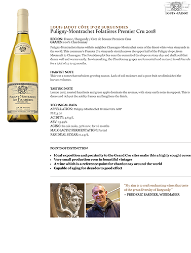 Puligny-Montrachet Folatières Premier Cru 2018 Fact Sheet