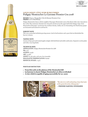 Puligny-Montrachet La Garenne Premier Cru 2018 Fact Sheet