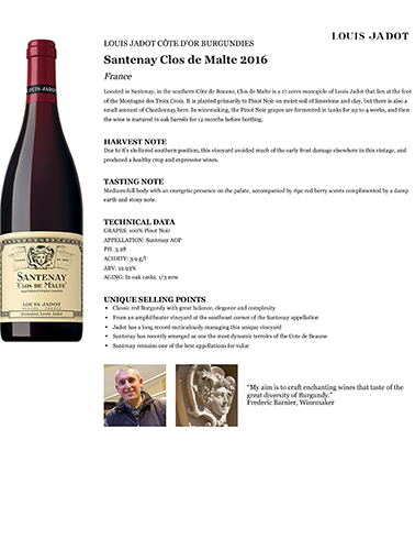 Santenay Clos de Malte 2016 Fact Sheet