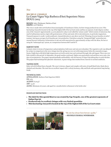 La Court Vigna Veja Barbera d’Asti Superiore Nizza DOCG 2013 Fact Sheet