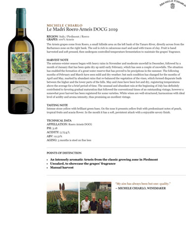 Le Madri Roero Arneis DOCG 2019 Fact Sheet