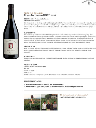 Reyna Barbaresco DOCG 2016 Fact Sheet