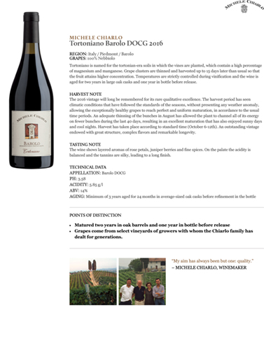 Tortoniano Barolo DOCG 2016 Fact Sheet