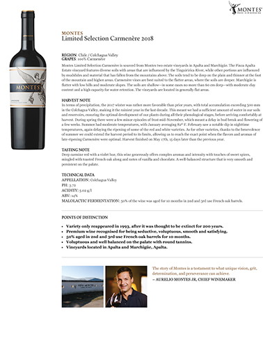 Limited Selection Carmenère 2018 Fact Sheet