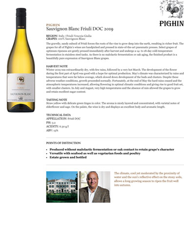 Sauvignon Friuli Grave DOC 2019 Fact Sheet