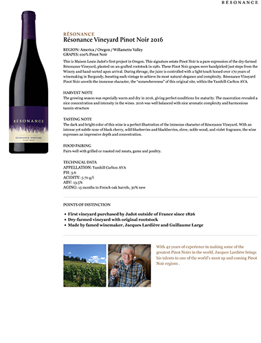 Résonance Vineyard Pinot Noir 2016 Fact Sheet