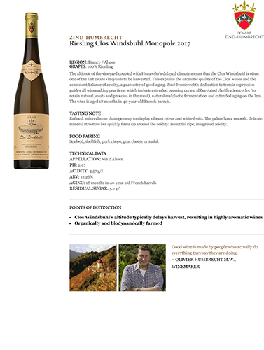 Riesling Clos Windsbuhl Monopole 2017 Fact Sheet